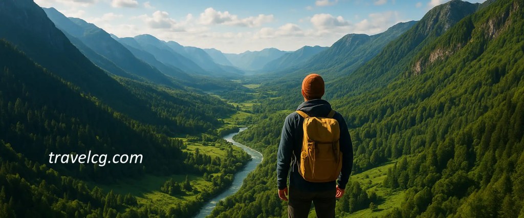Aerial view of a traveler looking over a valley, symbolizing exploration and discovery. travelcg.com