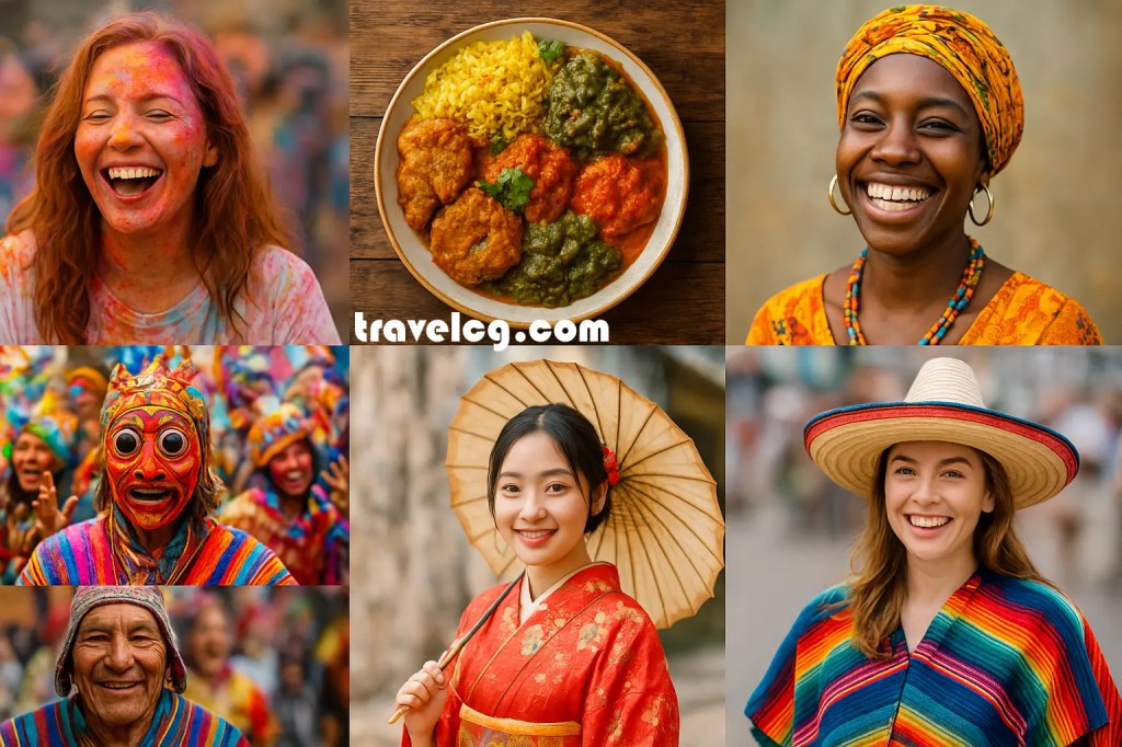 A collage of global cultural moments — festivals, food, smiles, and traditional clothing.