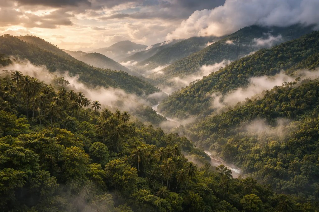 Aerial view of Western Ghats Kerala, green mountains covered in mist, monsoon clouds, cinematic