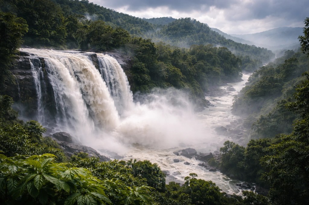 Athirappilly waterfall full flow monsoon Kerala dramatic landscape