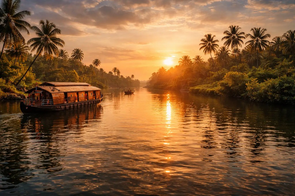 Sunset over Kerala backwaters with traditional houseboat and coconut trees reflection, golden hour, serene atmosphere