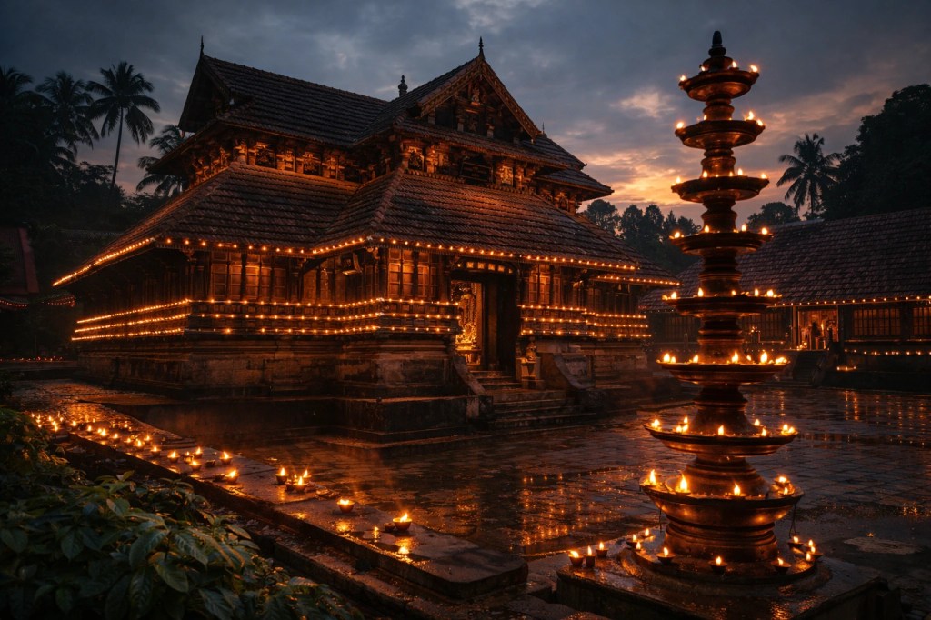 Kerala temple traditional architecture evening oil lamps spiritual atmosphere