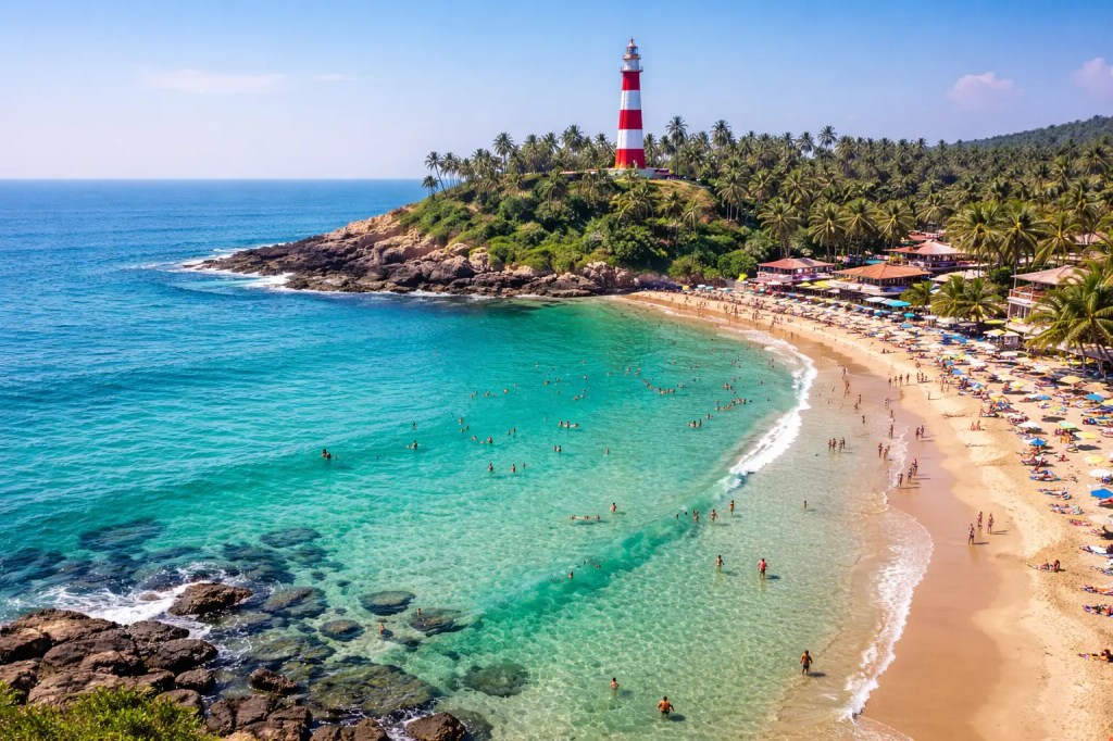 Kovalam lighthouse beach clear blue water aerial HD