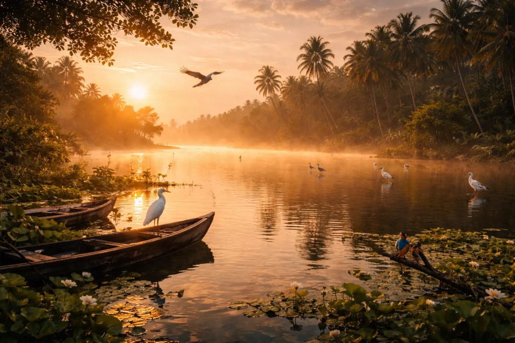 Kumarakom bird sanctuary lake sunrise mist Kerala