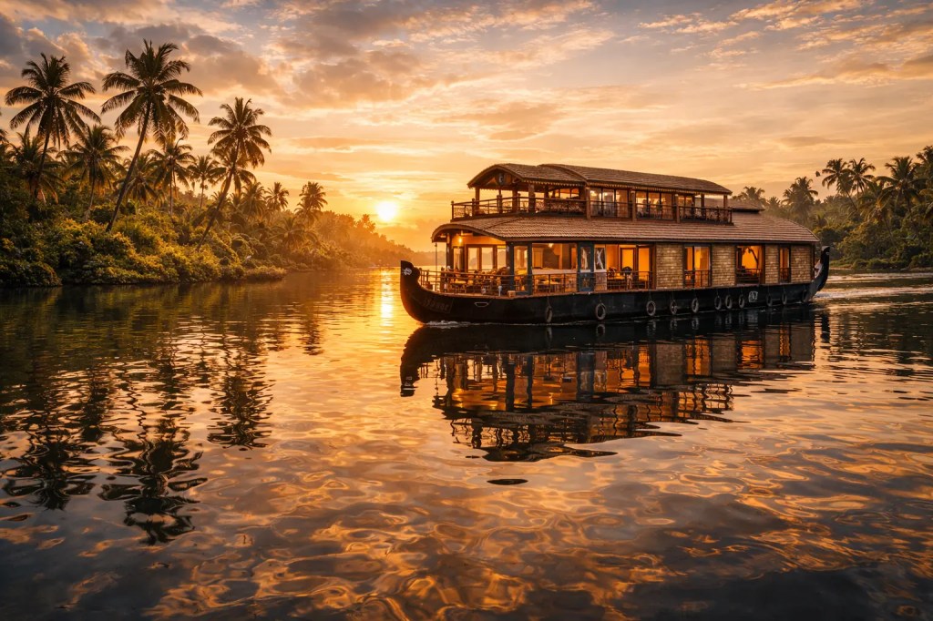 Luxury houseboat Alleppey backwaters sunset reflection palm trees 