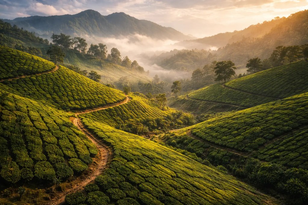 Munnar tea plantations rolling hills morning mist drone view ultra HD