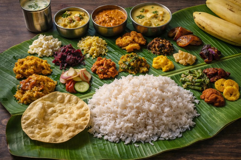 Traditional Kerala thali banana leaf meal colorful food high detail photography