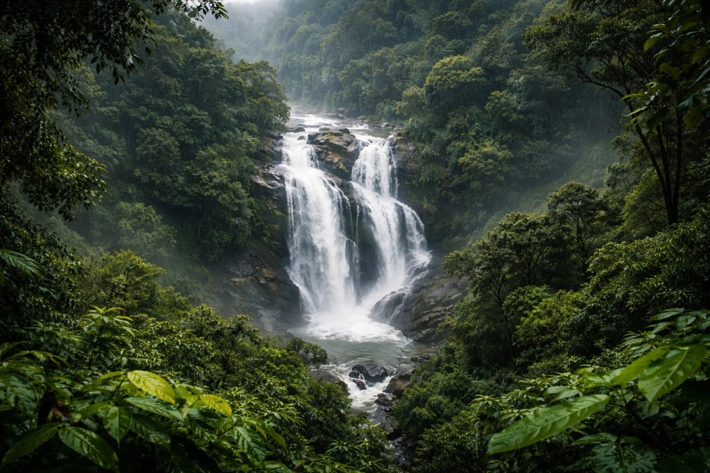 Wayanad waterfall lush forest monsoon Kerala cinematic