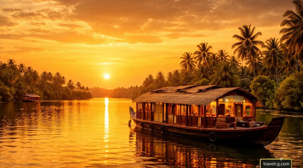 Houseboat floating on Ashtamudi Lake during sunset in Kerala with calm water and golden sky reflections. travelcg.com