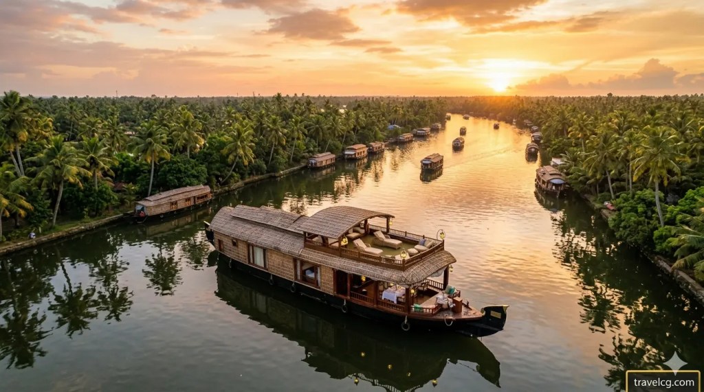 A premium luxury houseboat cruising through the lush Kerala backwaters during a golden sunset, surrounded by coconut palm trees and calm water reflections.