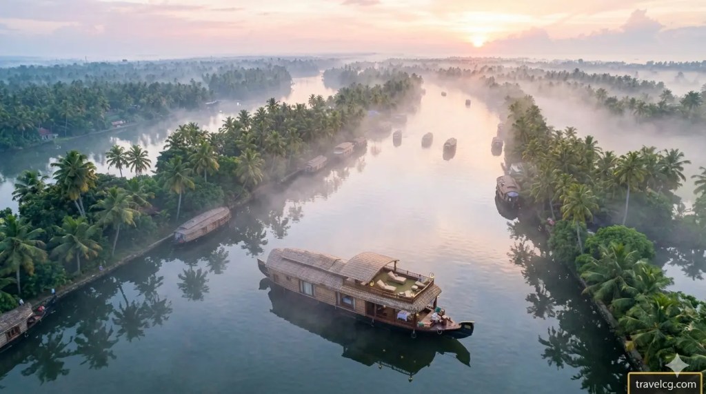 A high-angle aerial view of a large, high-end Kerala houseboat on a calm, tree-lined river at sunrise, with dense fog rising from the water. Many smaller houseboats are visible further up the channel in the distance. The text "travelcg.com" is in a logo box in the bottom right.
