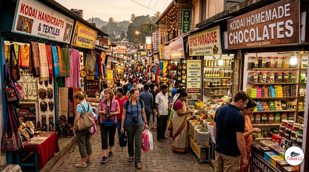 Busy Kodaikanal local market with homemade articles items