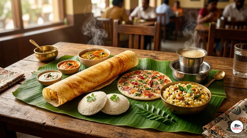 Famous South Indian food in Chennai with dosa idli and filter coffee