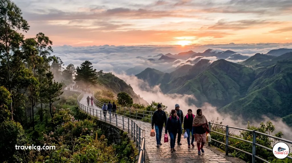 A scenic view of Coaker's Walk in Kodaikanal at sunrise, featuring tourists walking along a fenced stone pathway overlooking a deep green valley filled with rolling mist and a sea of clouds under a golden sky.