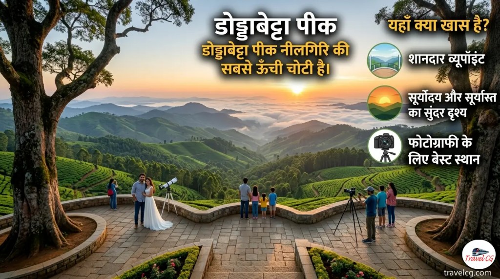 Doddabetta Peak showing misty Nilgiri mountains, sunrise and sunset scenery, green valleys, and tourists enjoying photography at the famous hilltop viewpoint.