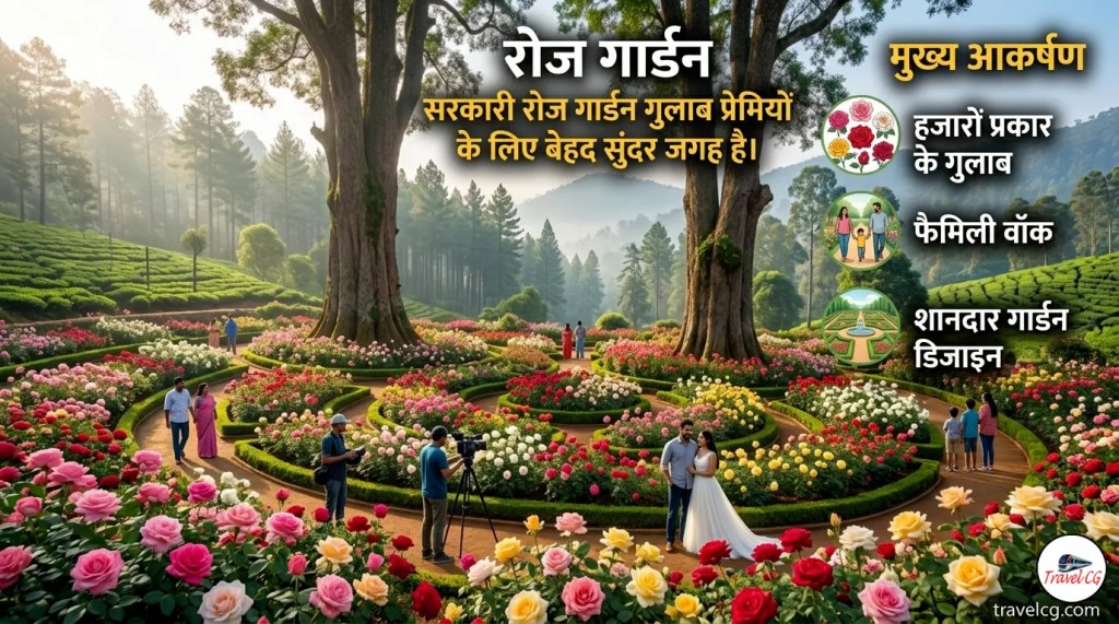 Government Rose Garden featuring thousands of blooming roses, landscaped garden pathways, family walking areas, and stunning floral designs surrounded by green hills.