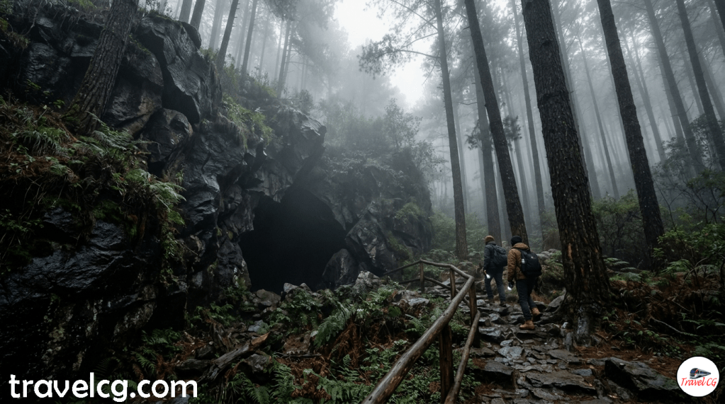 An ultra-realistic, wide-angle 16:9 HD landscape photograph of the mysterious Guna Caves entrance in Kodaikanal. The dark, rocky cavern mouth is nestled into a wet, mossy cliffside on the left, surrounded by tall pine trees and dense forest under a heavy, foggy, and moody atmosphere. Two adventurous hikers with backpacks walk on a wooden, railed pathway leading away from the cave on the right.