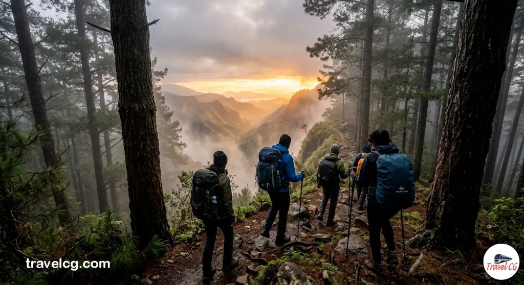 A group of hikers with backpacks walking along a misty mountain trail through a pine forest in Kodaikanal, looking out at a dramatic valley during a golden sunrise.