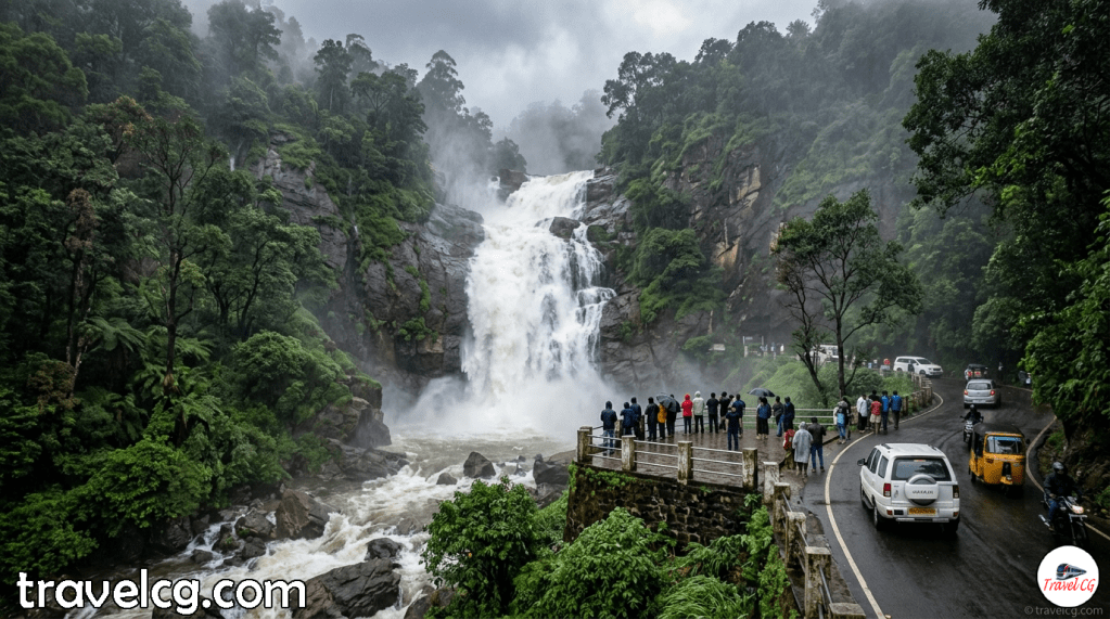 Group of diverse tourists standing behind a white stone railing on a wet observation platform, overlooking a large, multi-tiered waterfall cascading down a lush, green, misty forested mountainside during a monsoon. In the foreground, a wet, winding tarmac road has several white vehicles, a yellow auto-rickshaw, and a motorcycle.