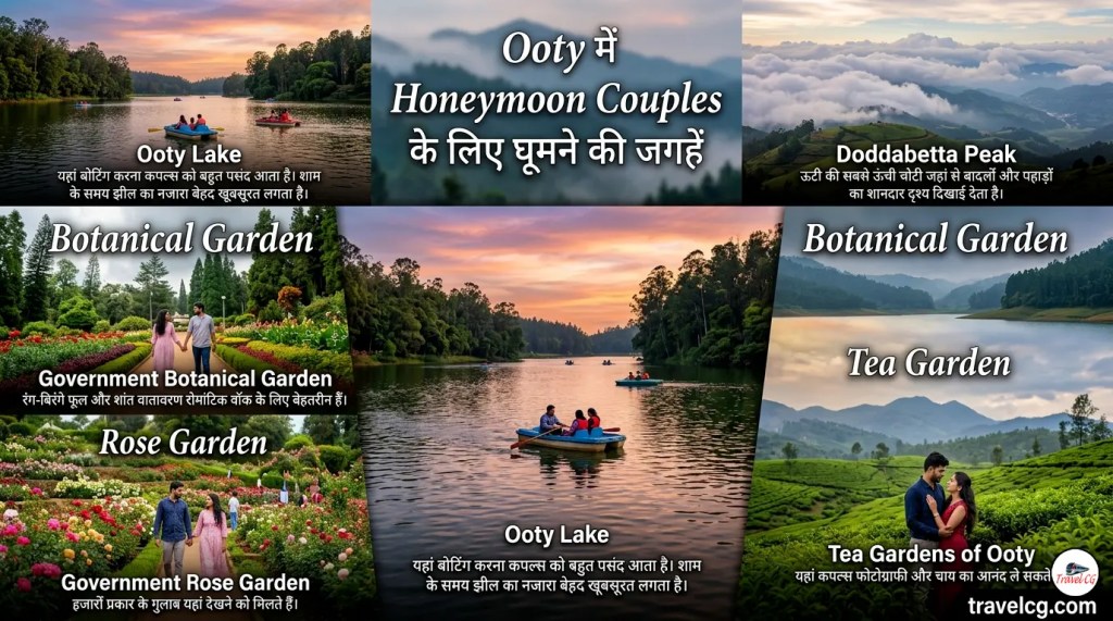 Romantic honeymoon couple enjoying the beautiful hills of Ooty with misty mountains, green tea gardens