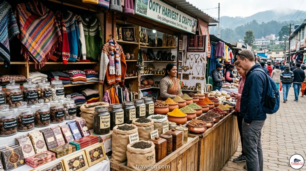 A vibrant street market in Ooty showcasing local specialties like Nilgiri tea, fresh spices, homemade chocolates, colorful woolen clothes, and traditional handicrafts with tourists browsing the stalls
